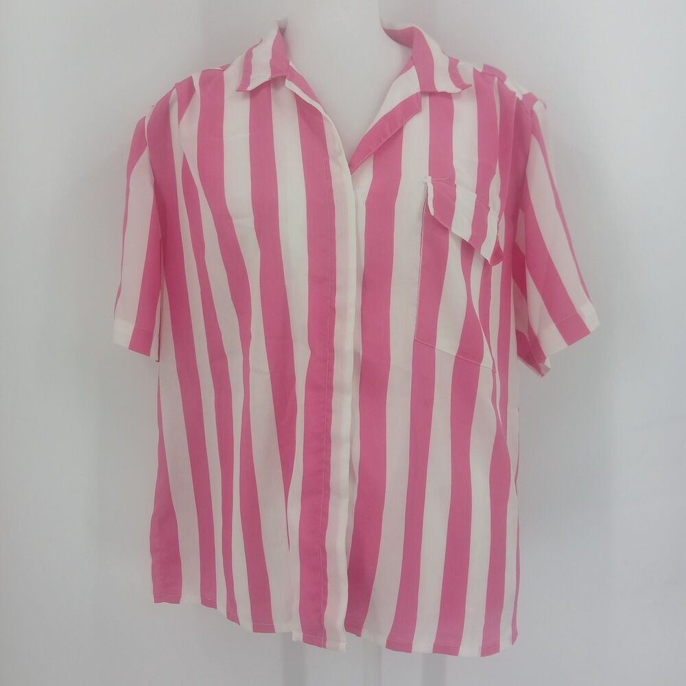 Vintage Blouses Inc Pink White Stripe Short Sleeve Button Front Top Size 14